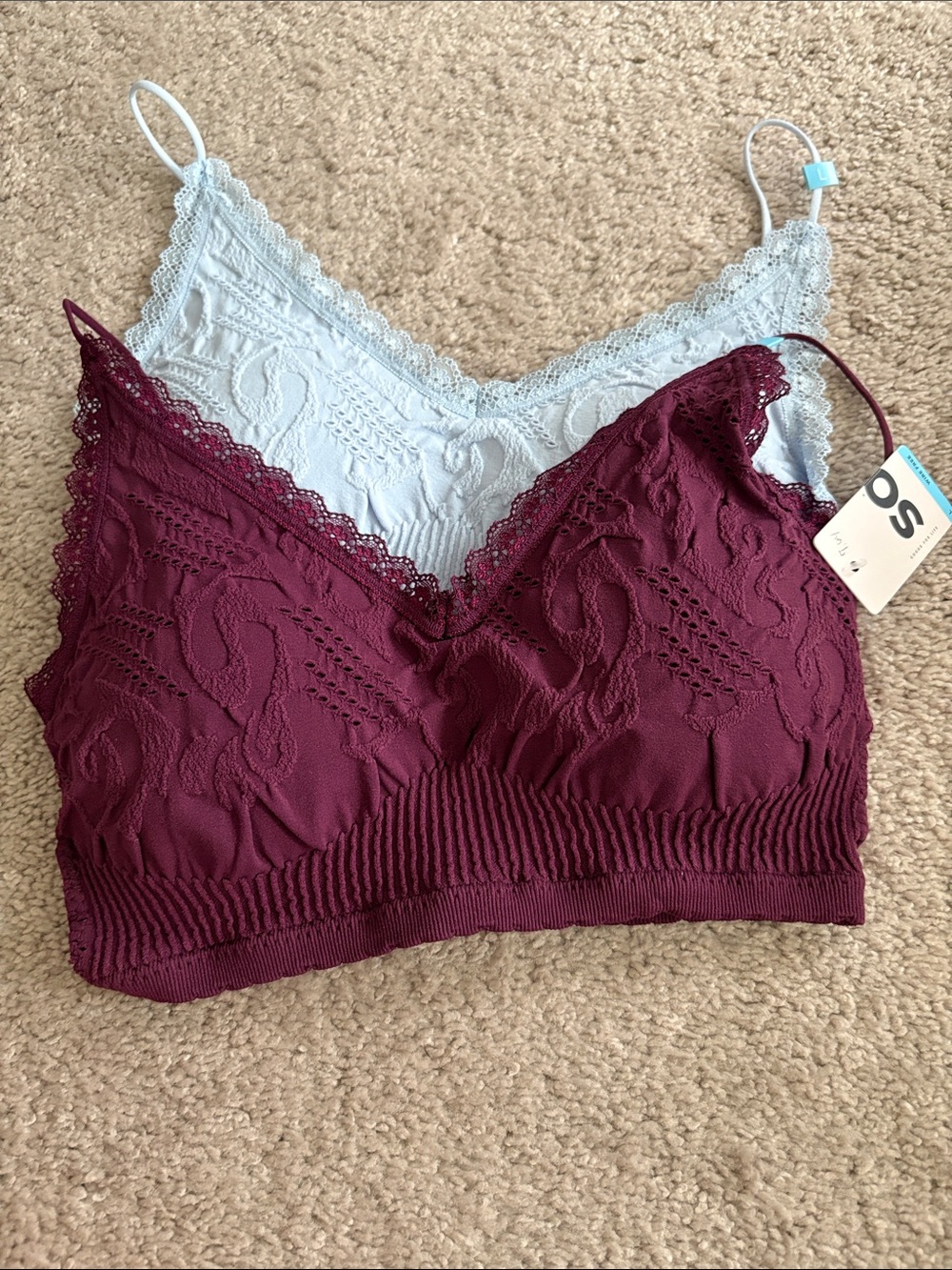 SO Lace Bralette Duo in Burgundy and Light Blue